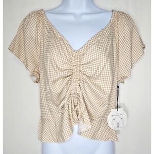 Japna Women's Tan Lightweight Adjustable Front Short Sleeve Blouse Size XL - NWT